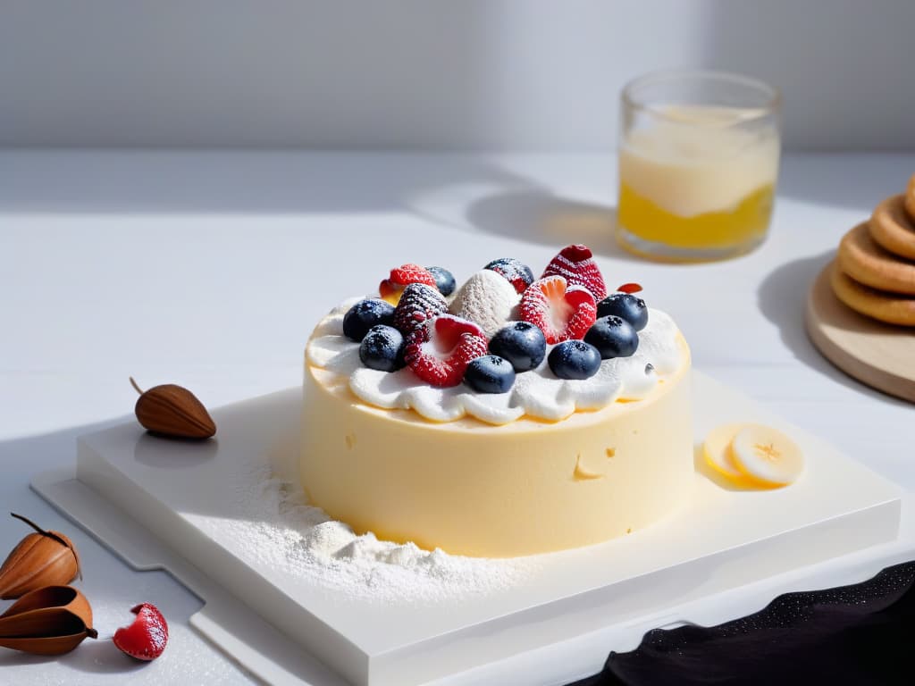  An ultradetailed illustration of a sleek, modern kitchen with a marble countertop showcasing an array of meticulously arranged baking tools and ingredients like flour, eggs, vanilla beans, and colorful berries. The image captures the essence of precision and creativity in pastry design, with soft natural lighting enhancing the minimalist aesthetic of the scene. hyperrealistic, full body, detailed clothing, highly detailed, cinematic lighting, stunningly beautiful, intricate, sharp focus, f/1. 8, 85mm, (centered image composition), (professionally color graded), ((bright soft diffused light)), volumetric fog, trending on instagram, trending on tumblr, HDR 4K, 8K