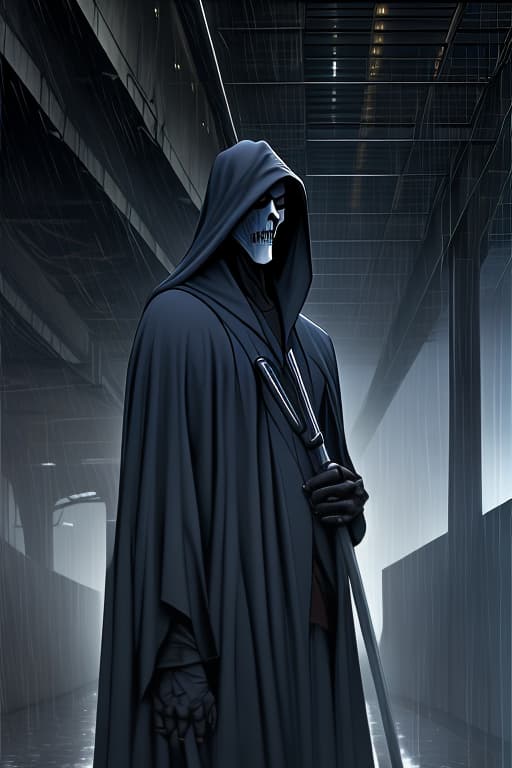  A-TaK, Tall, standing under freeway light, heavy rain, dressed like grim reaper, white mask, Grendel type