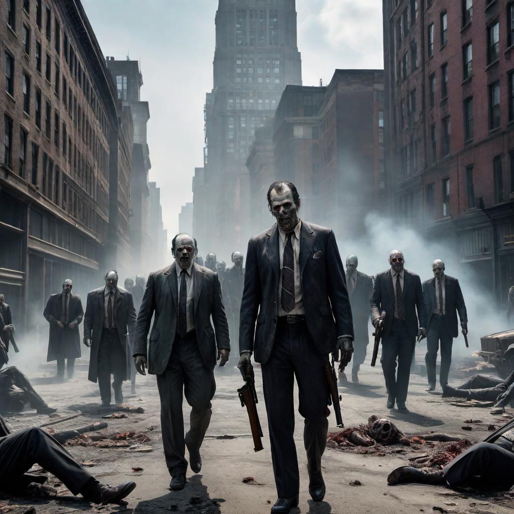  An intense and dramatic scene depicting an army of realistic zombies representing the five families of New York mob. The scene should be set in a post-apocalyptic New York City and illustrate the zombies dressed in the distinct styles of their respective crime families, such as pinstripe suits, fedoras, and mobster attire. The background should highlight the decaying urban landscape of New York, with iconic landmarks in ruins. The zombies should be portrayed in mid-action, as if they are searching for survivors or battling against rival families, reflecting the never-ending struggle for power, even in death. The atmosphere should be dark, with an ominous feel, capturing the horror and chaos of a city overrun by the undead mobsters. hyperrealistic, full body, detailed clothing, highly detailed, cinematic lighting, stunningly beautiful, intricate, sharp focus, f/1. 8, 85mm, (centered image composition), (professionally color graded), ((bright soft diffused light)), volumetric fog, trending on instagram, trending on tumblr, HDR 4K, 8K