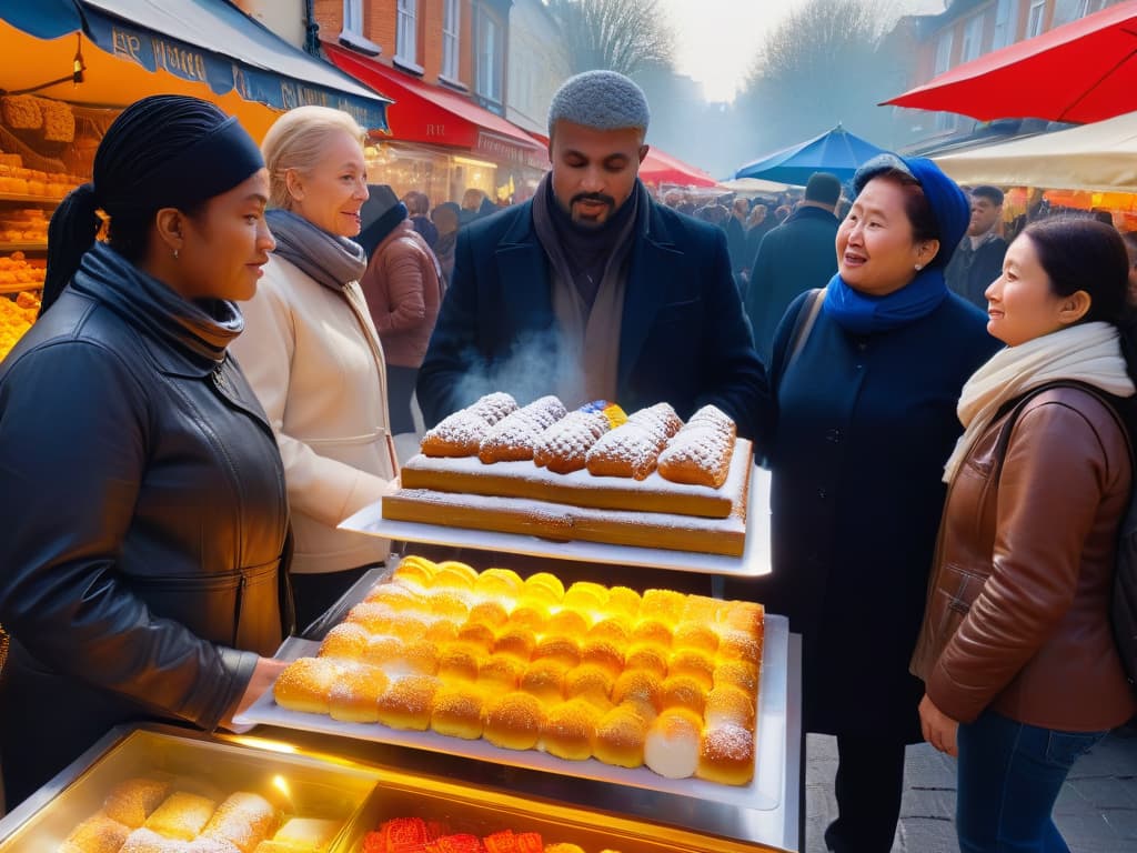  A photorealistic image of a diverse group of people from different backgrounds and ages coming together in a vibrant and bustling market square. They are exchanging colorful and intricately decorated pastries and sweets, symbolizing unity and resilience in the face of crisis. The sunlight is casting a warm glow over the scene, highlighting the textures and details of the pastries, creating a visually captivating and heartwarming image. hyperrealistic, full body, detailed clothing, highly detailed, cinematic lighting, stunningly beautiful, intricate, sharp focus, f/1. 8, 85mm, (centered image composition), (professionally color graded), ((bright soft diffused light)), volumetric fog, trending on instagram, trending on tumblr, HDR 4K, 8K