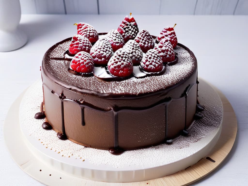  A closeup, ultradetailed image of a beautifully crafted vegan chocolate cake topped with fresh raspberries and a dusting of powdered sugar. The cake is placed on a sleek, modern ceramic plate set against a simple, elegant backdrop, showcasing the intricate textures and layers of the dessert. The rich, glossy chocolate ganache drips down the sides, while the vibrant red raspberries provide a pop of color against the dark chocolate cake. This highresolution image captures every minute detail, from the delicate crumb structure of the cake to the glistening droplets of water on the berries, inviting viewers to appreciate the artistry and craftsmanship of vegan baking. hyperrealistic, full body, detailed clothing, highly detailed, cinematic lighting, stunningly beautiful, intricate, sharp focus, f/1. 8, 85mm, (centered image composition), (professionally color graded), ((bright soft diffused light)), volumetric fog, trending on instagram, trending on tumblr, HDR 4K, 8K