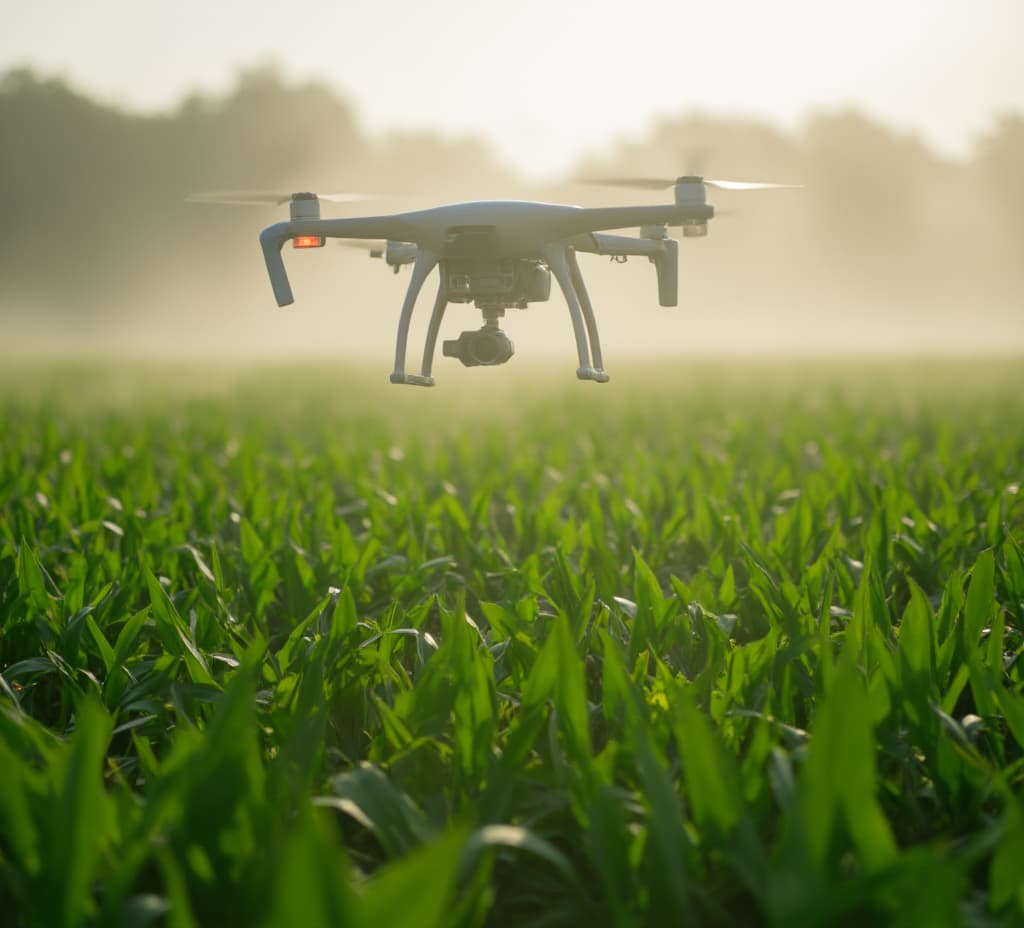  good quality, high quality, sleek agricultural drone hovering over vibrant green crop field hightech sensors glowing misty morning light futuristic farming landscape