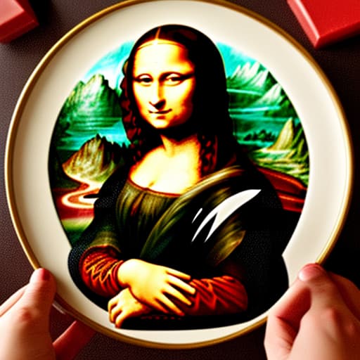  The Mona Lisa holding a white plate of fine dark chocolate candy pieces in red candy cups. Enlarge background. Painted in the style of Leonardo Da Vinci.