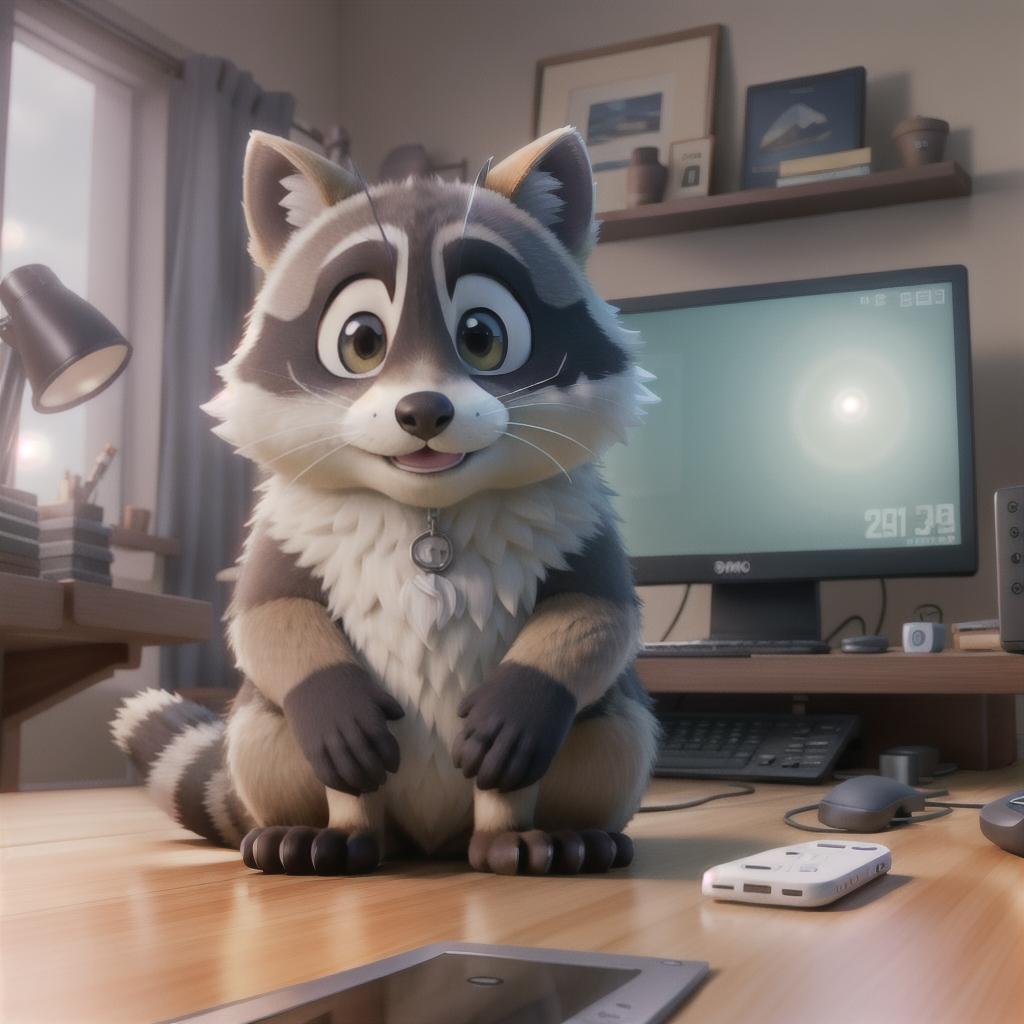  raccoon sitting in gaming chair front a computer on desktop, ((semi anthropomorphic)),(full body), tail, belly, sitting, fat, (chubby), (((white background))), solo, desktop, gaming chair, side view,  [[[clothes]]] hyperrealistic, full body, detailed clothing, highly detailed, cinematic lighting, stunningly beautiful, intricate, sharp focus, f/1. 8, 85mm, (centered image composition), (professionally color graded), ((bright soft diffused light)), volumetric fog, trending on instagram, trending on tumblr, HDR 4K, 8K