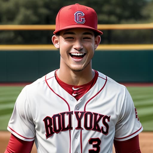  college baseball player no shirt laughing  red ball caps