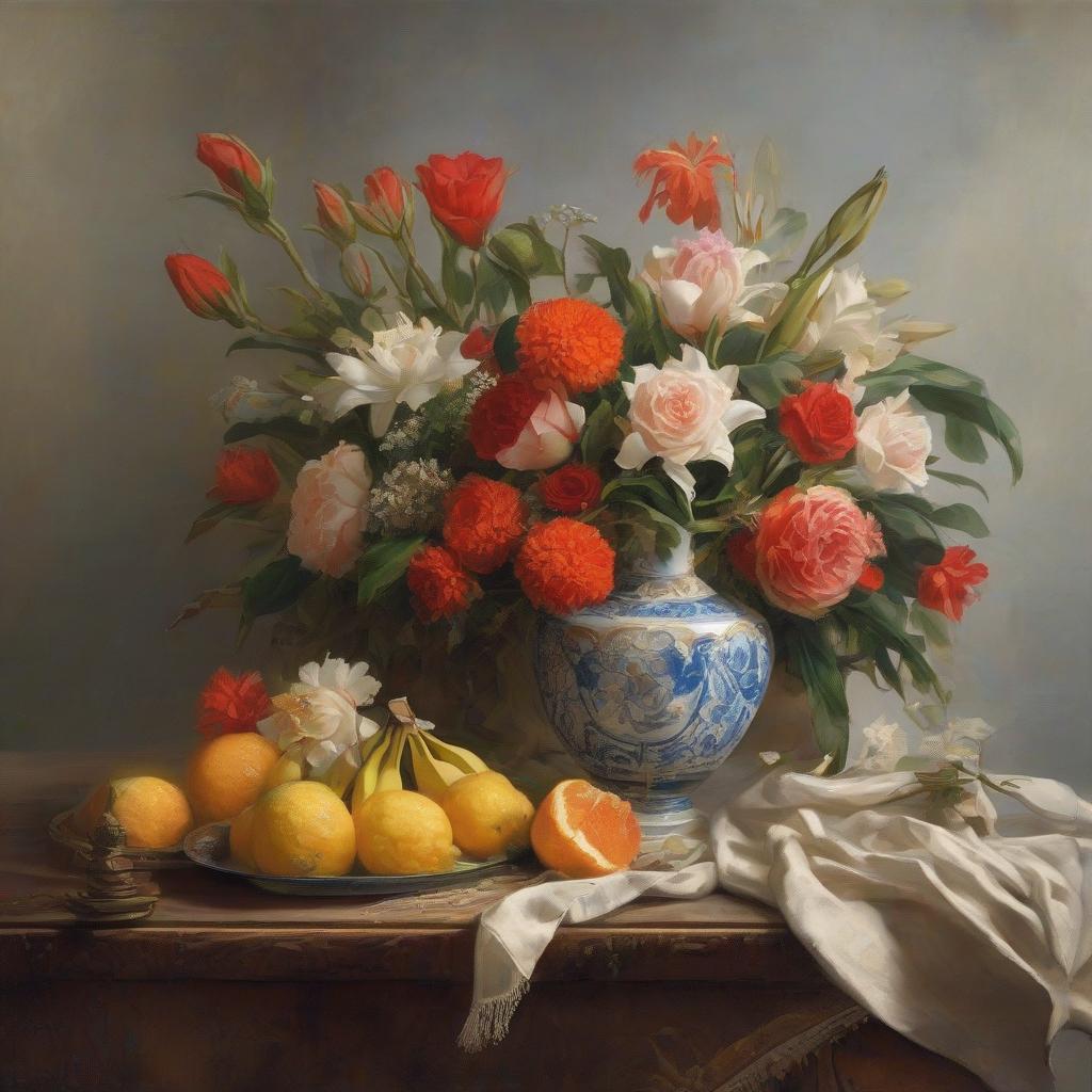  (One banana, one orange, and one pineapple) stand near a beautiful vase, (a vase with white lilies and red roses) is next to them, on the table stands a candle in a beautiful candlestick, in the background, still life, Dutch painting of the 17th century, high detail of brushstrokes. hyperrealistic, full body, detailed clothing, highly detailed, cinematic lighting, stunningly beautiful, intricate, sharp focus, f/1. 8, 85mm, (centered image composition), (professionally color graded), ((bright soft diffused light)), volumetric fog, trending on instagram, trending on tumblr, HDR 4K, 8K