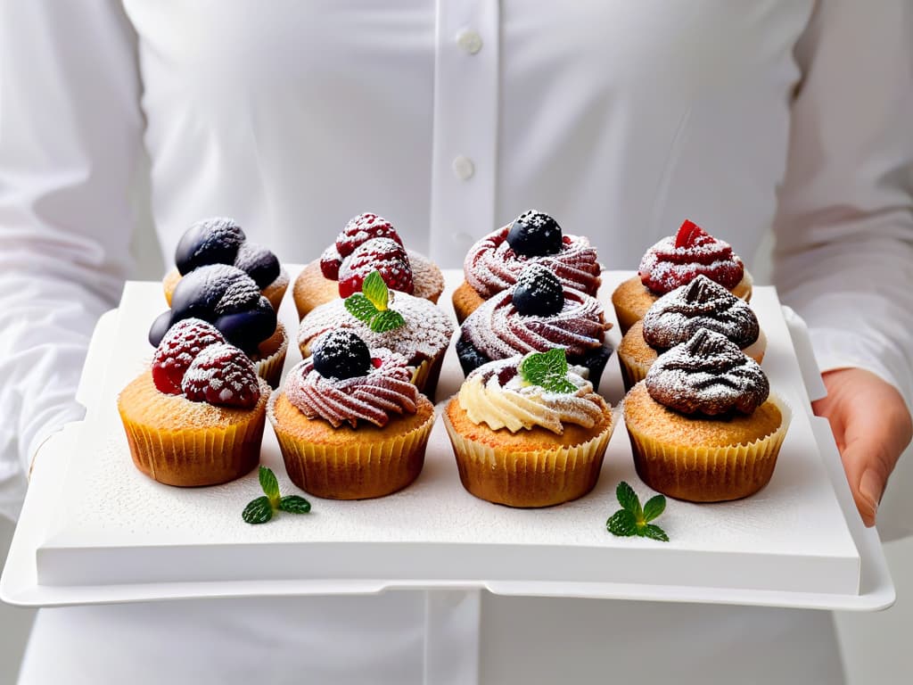  A minimalistic image of a colorful array of freshly baked mini muffins arranged on a sleek white plate, accompanied by a small hand reaching out to pick one up. The muffins are topped with a light dusting of powdered sugar and vibrant mixed berries, showcasing a perfect balance of simplicity and visual appeal. hyperrealistic, full body, detailed clothing, highly detailed, cinematic lighting, stunningly beautiful, intricate, sharp focus, f/1. 8, 85mm, (centered image composition), (professionally color graded), ((bright soft diffused light)), volumetric fog, trending on instagram, trending on tumblr, HDR 4K, 8K