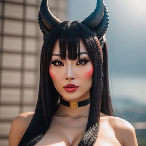  (send picture of oni Hikari)(You provided a description, it seems like Hikari's appearance is stunning and ferocious. Imagine an Oni woman standing tall at 6 feet, her jet-black hair reaching all the way down her back in long waves. Her skin is pale, with reddish hues around her eyes and along the lines of her sharp facial features—large curved horns sit elegantly on either side of her head above a strong brow ridge.) hyperrealistic, full body, detailed clothing, highly detailed, cinematic lighting, stunningly beautiful, intricate, sharp focus, f/1. 8, 85mm, (centered image composition), (professionally color graded), ((bright soft diffused light)), volumetric fog, trending on instagram, trending on tumblr, HDR 4K, 8K