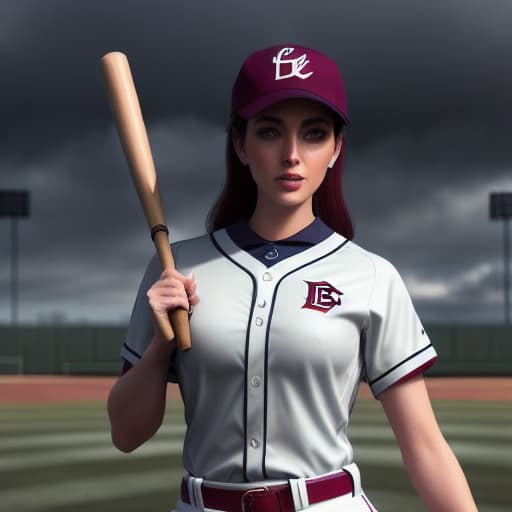 modelshoot style school girl holding a baseball bat on the field with baseball club uniform Cloudy, High Resolution, Cinematic , Soft Sunrise Shades hyperrealistic, full body, detailed clothing, highly detailed, cinematic lighting, stunningly beautiful, intricate, sharp focus, f/1. 8, 85mm, (centered image composition), (professionally color graded), ((bright soft diffused light)), volumetric fog, trending on instagram, trending on tumblr, HDR 4K, 8K