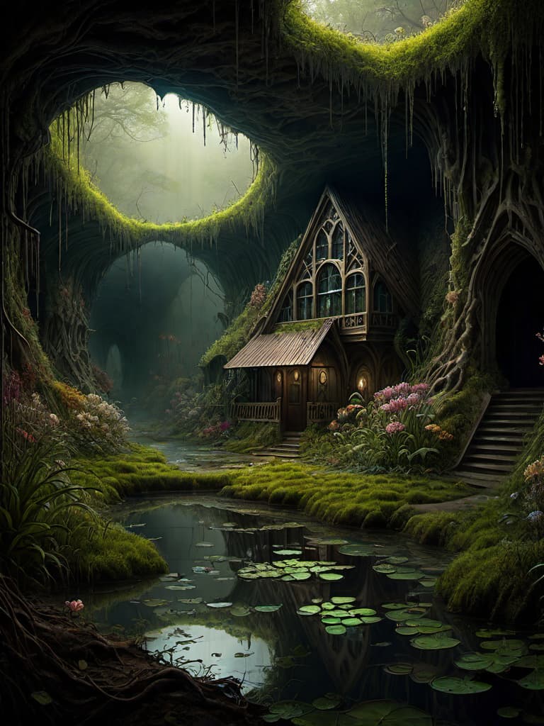  best quality professional photograph. swamp, underground cave house, stained glass, house surrounded bushes, high detailed, in the style elegant, highly detailed digital painting, a real landscape, bloomcore, steamcore, hyperdetailed, vanishing point, digital painting, led, fantasy art, album cover art, 8k, octane render, sf, intricate artwork masterpiece, ominous, matte painting movie poster, golden ratio, trending on cgsociety, intricate, epic, trending on artstation, highly detailed, vibrant, production cinematic character render, ultra high quality model