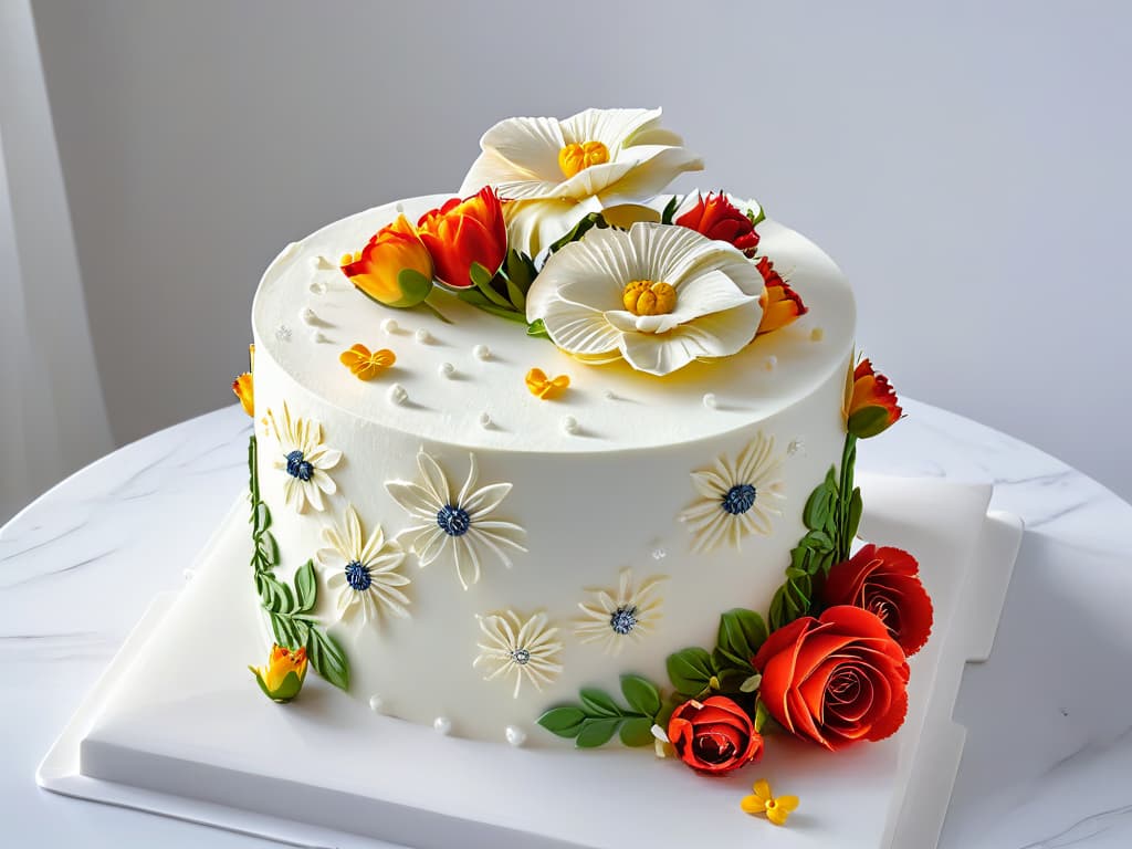  A highresolution, minimalist image of a beautifully decorated cake with intricate piping details and delicate sugar flowers, displayed on a clean, white marble countertop. The cake is elegantly lit, casting soft shadows that highlight its textured surfaces and intricate design, showcasing the artistry and skill involved in pastry competitions. hyperrealistic, full body, detailed clothing, highly detailed, cinematic lighting, stunningly beautiful, intricate, sharp focus, f/1. 8, 85mm, (centered image composition), (professionally color graded), ((bright soft diffused light)), volumetric fog, trending on instagram, trending on tumblr, HDR 4K, 8K