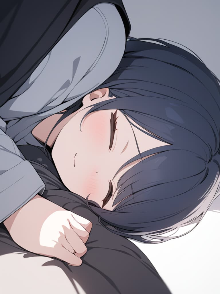  Mini characters, chibi characters, dark blue hair, futon, sleeping, man, cute, short hair, 1 person, gray background, black blanket, masterpiece, best quality,8k,ultra detailed,high resolution,an extremely delicate and beautiful,hyper detail