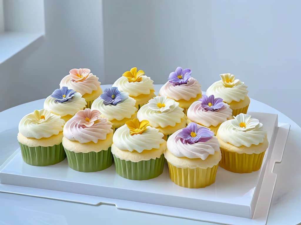  A minimalistic image of a pristine white kitchen countertop with an array of beautifully decorated cupcakes in pastel colors, topped with intricate frosting designs like flowers and swirls. The cupcakes are displayed neatly in rows on a sleek marble surface, exuding a sense of elegance and precision. The soft natural light filtering in through a nearby window casts a gentle glow on the desserts, highlighting their exquisite details and inviting presentation. hyperrealistic, full body, detailed clothing, highly detailed, cinematic lighting, stunningly beautiful, intricate, sharp focus, f/1. 8, 85mm, (centered image composition), (professionally color graded), ((bright soft diffused light)), volumetric fog, trending on instagram, trending on tumblr, HDR 4K, 8K