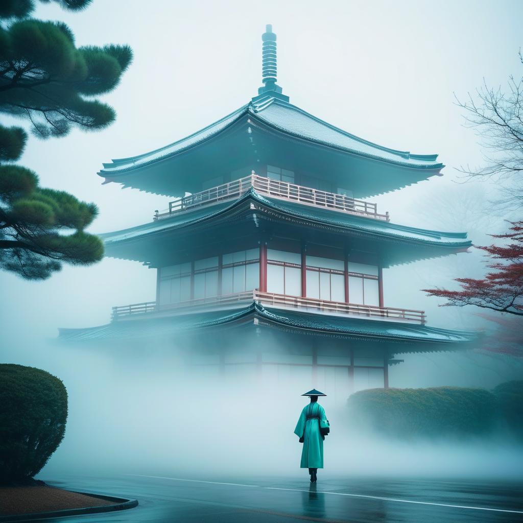  Japanese style building school in the fog. Highly detailed. Mint color hyperrealistic, full body, detailed clothing, highly detailed, cinematic lighting, stunningly beautiful, intricate, sharp focus, f/1. 8, 85mm, (centered image composition), (professionally color graded), ((bright soft diffused light)), volumetric fog, trending on instagram, trending on tumblr, HDR 4K, 8K