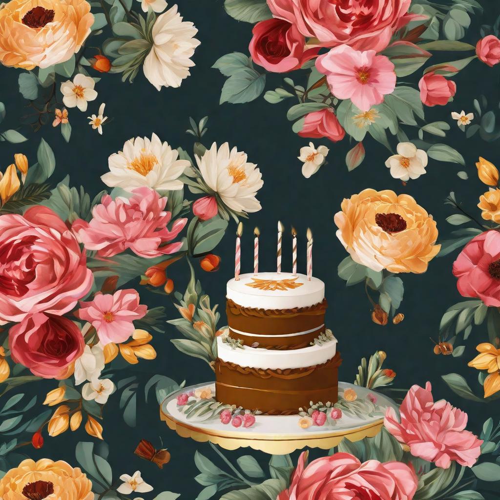  Masterpiece, best quality, ultra high resolution, anniversary poster, cake, flowers, celebration