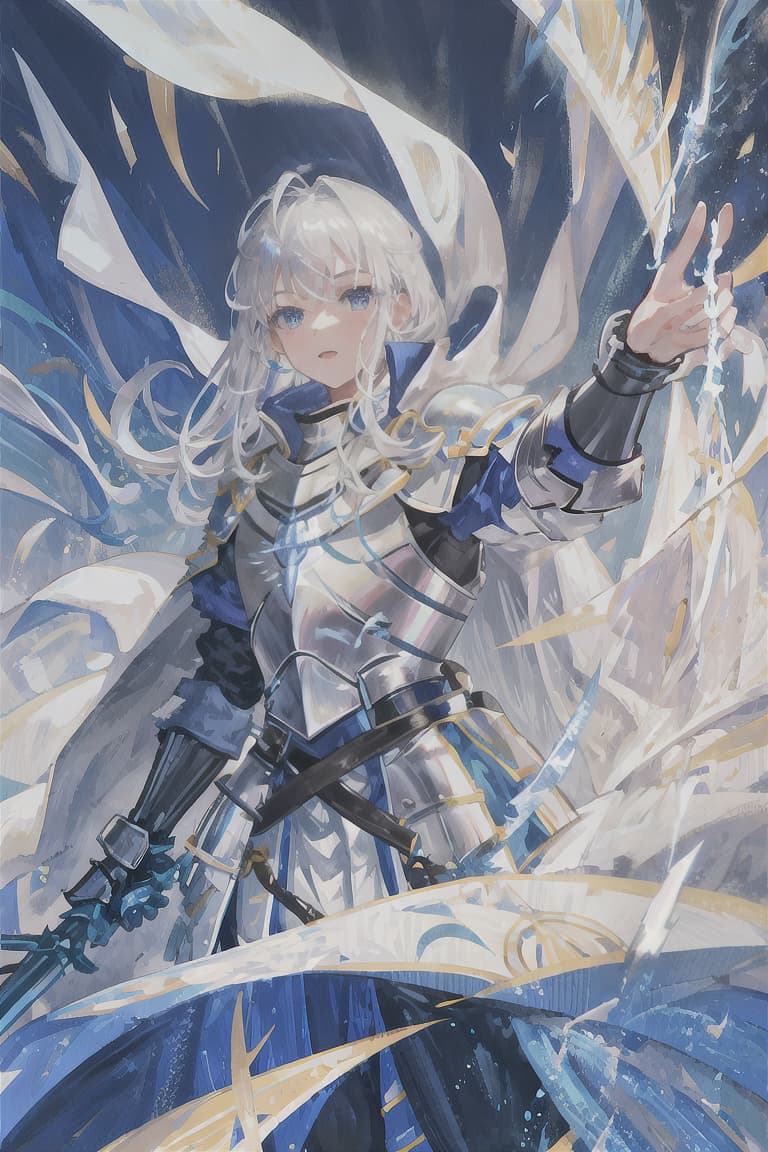  master piece , best quality,Silver hair, long hair, male, knight, blue lightning, white armor, bright light blue cape