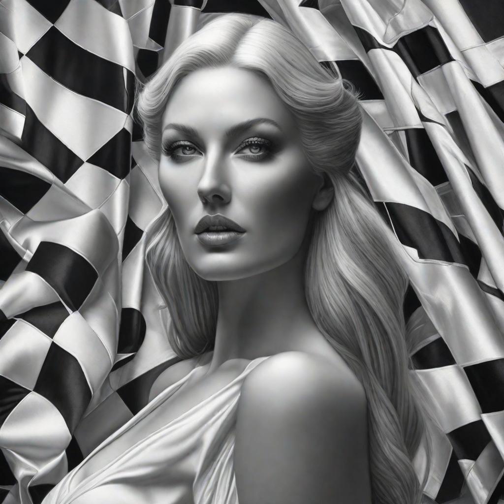  REGULAR PATTERN, BLACK AND WHITE CHECKBOARD, CRUSHED AND CREATED LIKE FABRIC. IT FILLS THE ENTIRE FRAME., realistic, portrait, art by donato giancola and greg rutkowski, realistic face, digital art, trending on artstation hyperrealistic, full body, detailed clothing, highly detailed, cinematic lighting, stunningly beautiful, intricate, sharp focus, f/1. 8, 85mm, (centered image composition), (professionally color graded), ((bright soft diffused light)), volumetric fog, trending on instagram, trending on tumblr, HDR 4K, 8K