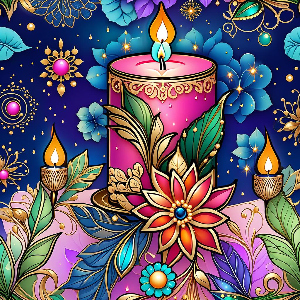  fairy tale (Background):Dark blue night sky. In the sky turquoise golden stars and emerald fireworks. There are three candles on the background of the night sky. In the centre one is tall, on the sides wide and lower. (First candle decor)::pink framed with gold patterns and swirls of drops. In the middle of the candle is a flower bud and stem with emerald coloured leaves. Under the flower the candle is tied with a ribbon of blue blue colour. (Second and third candle decor):purple colour, framed with golden drops. In the middle is a purple coloured flower bud and stems with emerald coloured leaves. Zentangle have the signature uneven edge and rounded corners. The original tiles are in the form of geometric shapes: square, triangle, rectangle hyperrealistic, full body, detailed clothing, highly detailed, cinematic lighting, stunningly beautiful, intricate, sharp focus, f/1. 8, 85mm, (centered image composition), (professionally color graded), ((bright soft diffused light)), volumetric fog, trending on instagram, trending on tumblr, HDR 4K, 8K