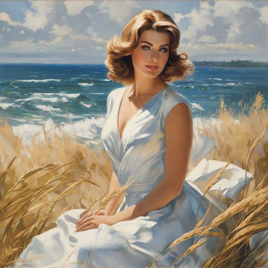  masterpiece, best quality,Draw a picture of a beautiful woman by the sea