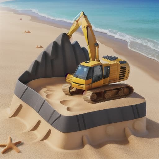  a excavator on a holiday beach at the sea building a sand castle