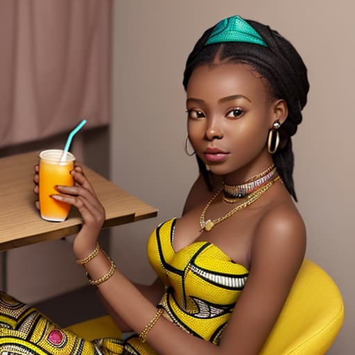  a young African lady sitting in her room beautifully decorated, she is has an earpiece in her ear and sitting at a table with a cup of juice on it