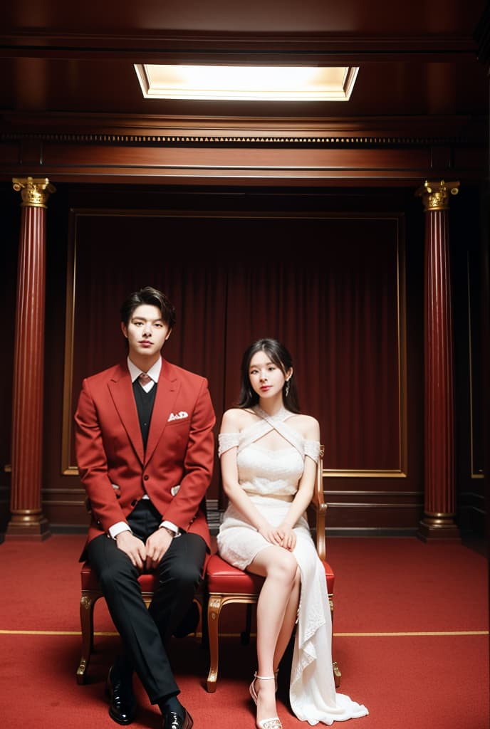  A male and female couple sit together on luxurious chairs. The background is a luxurious hall, black and red, rich, beautiful and handsome., ADVERTISING PHOTO,high quality, good proportion, masterpiece , The image is captured with an 8k camera