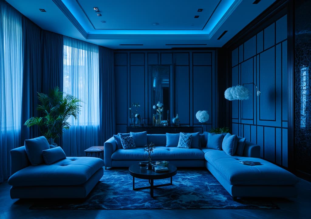  good quality, high quality, capture an unedited 8k photograph styled after mario testino, featuring a sharp, hyperrealistic, and highly detailed view of a living room designed in the art deco style, marked by 1920s 30s geometric patterns and luxury materials. the image introduces a vibrant blue effect (rgb color value for blue), professionally color graded with bright, soft diffused light, and shot using a 100mm f/2.8 telephoto lens under nocturnal lighting. this image, reminiscent of a mystery movie, employs cinestill 800t film grain to enhance a nostalgic style, drawing inspiration from past decades with vintage color schemes and dense, intricately blurred backgrounds that amplify the scene's stunning beauty, details