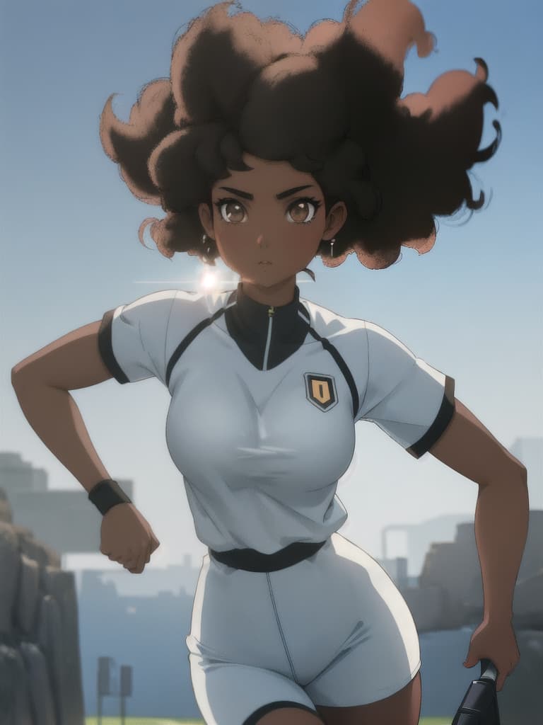  (masterpiece, best quality, anime cartoon woman), (black/afro ethnicity, dark skin), young, athletic body, brown eyes, short curly hair, brunette hair, sports clothing  hyperrealistic, full body, detailed clothing, highly detailed, cinematic lighting, stunningly beautiful, intricate, sharp focus, f/1. 8, 85mm, (centered image composition), (professionally color graded), ((bright soft diffused light)), volumetric fog, trending on instagram, trending on tumblr, HDR 4K, 8K