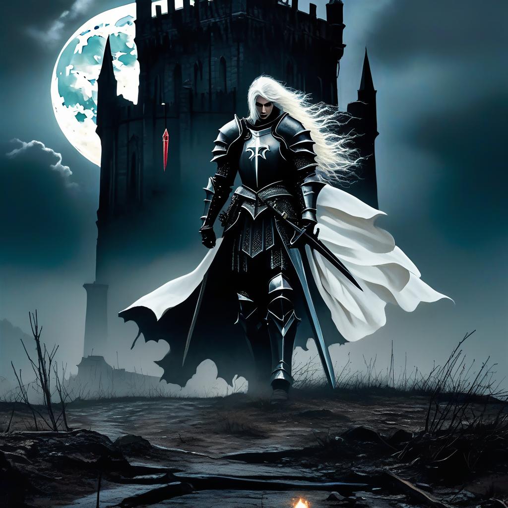  dystopian style Scene, close up shot, aerial view, a black Gothic tower with a balcony in the upper right corner, where a girl in a white dress, white hair, and bare feet stands. From the upper left corner, gallops a knight in black armor on a road leading to the tower, all this is happening at night during a full moon. In the frame should be a knight in black armor. . bleak, post apocalyptic, somber, dramatic, highly detailed hyperrealistic, full body, detailed clothing, highly detailed, cinematic lighting, stunningly beautiful, intricate, sharp focus, f/1. 8, 85mm, (centered image composition), (professionally color graded), ((bright soft diffused light)), volumetric fog, trending on instagram, trending on tumblr, HDR 4K, 8K