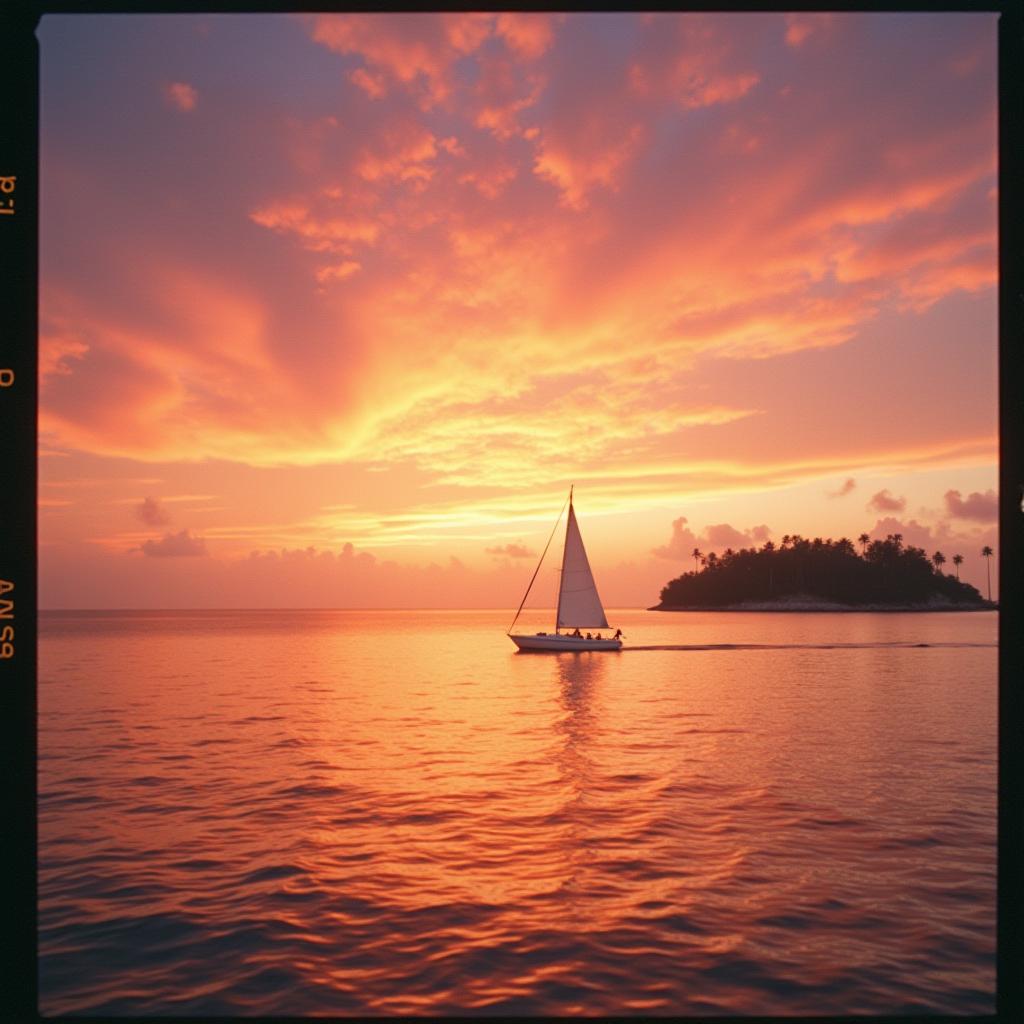  analog film old vintage photo of a "picture a fantastic sunset over the ocean, where the sky is painted in bright shades of orange, pink and purple. on the horizon, a sailboat is seen, slowly sailing on calm water, which reflects all the colors of the sunset. in the distance, against the sky, you can discern the silhouette of a small island with palm trees., faded film, desaturated, 35mm photo, grainy, vignette, vintage, kodachrome, lomography, stained, found footage