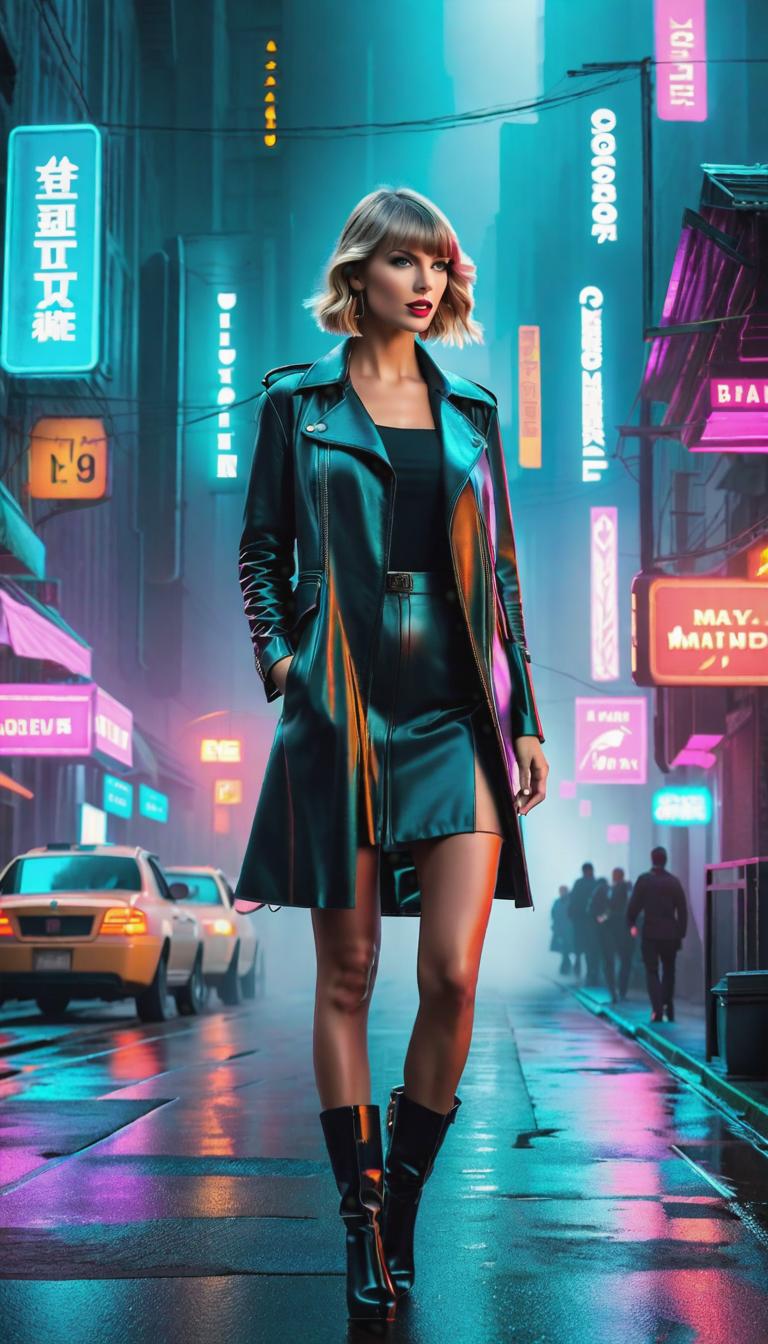  Cyberpunk style depiction of Taylor Swift as a tour guide . The scene is set in a world where technology has advanced, but society and human conditions have not, creating a gritty, dystopian atmosphere. hyperrealistic, full body, detailed clothing, highly detailed, cinematic lighting, stunningly beautiful, intricate, sharp focus, f/1. 8, 85mm, (centered image composition), (professionally color graded), ((bright soft diffused light)), volumetric fog, trending on instagram, trending on tumblr, HDR 4K, 8K