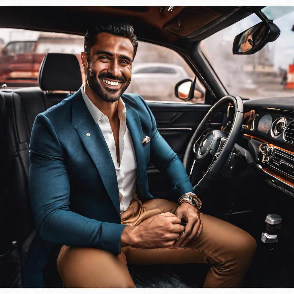  a man with big smile sitting in car hyperrealistic, full body, detailed clothing, highly detailed, cinematic lighting, stunningly beautiful, intricate, sharp focus, f/1. 8, 85mm, (centered image composition), (professionally color graded), ((bright soft diffused light)), volumetric fog, trending on instagram, trending on tumblr, HDR 4K, 8K