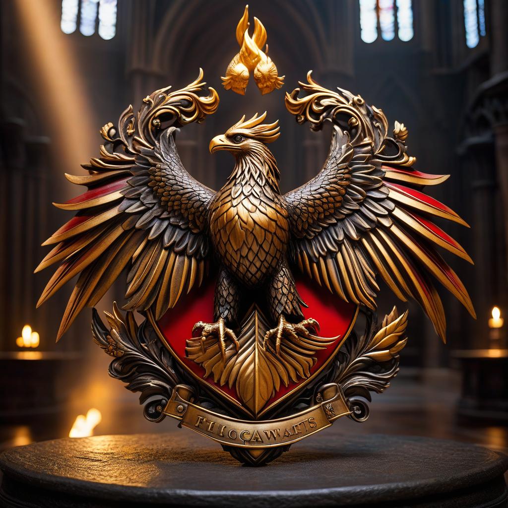  cinematic film still The Hogwarts coat of arms with a phoenix. Highly detailed. [ gefei lalan: The Hogwarts crest with a phoenix. Highly detailed. ] . shallow depth of field, vignette, highly detailed, high budget, bokeh, cinemascope, moody, epic, gorgeous, film grain, grainy hyperrealistic, full body, detailed clothing, highly detailed, cinematic lighting, stunningly beautiful, intricate, sharp focus, f/1. 8, 85mm, (centered image composition), (professionally color graded), ((bright soft diffused light)), volumetric fog, trending on instagram, trending on tumblr, HDR 4K, 8K