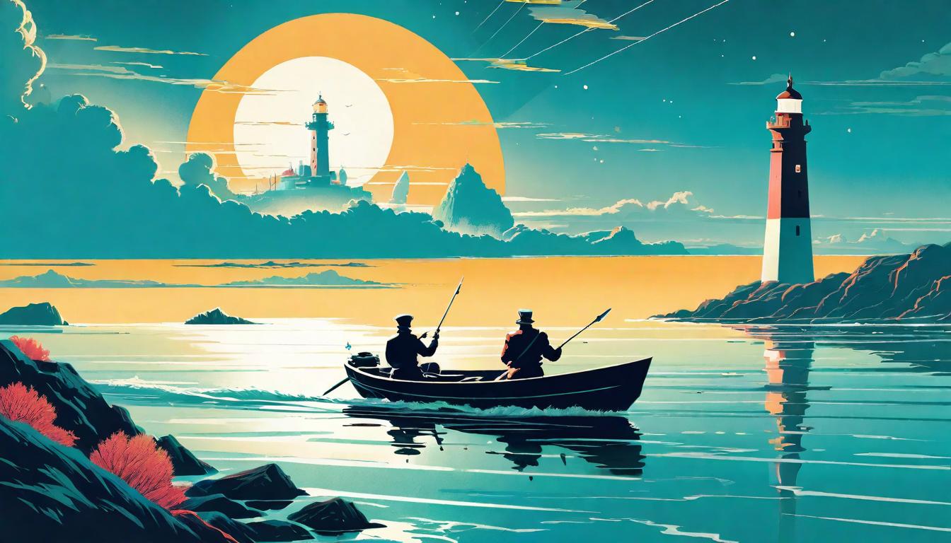  retro futuristic Two boats on a calm sea, one being rowed alone and the other with a figure offering a map to the rower. Distant lighthouse beams across the horizon. Mood: Supportive guidance, tranquil journey. Style: Soft light, serene sea. lvintage sci fi, 50s and 60s style, atomic age, vibrant, highly detailed