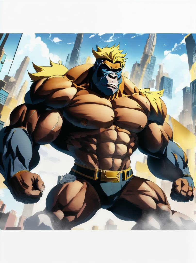  , anime-style illustration of a gorilla with extreme muscular development, in a dynamic pose that captures a 'roid rage'.<lora:chad97qi:0.07655424501345531><lora:yellow-family:0.25172963598036135><lora:octoghibli:0.8723620831649697><lora:ae-t-pagepal:0.23817375049702716> hyperrealistic, full body, detailed clothing, highly detailed, cinematic lighting, stunningly beautiful, intricate, sharp focus, f/1. 8, 85mm, (centered image composition), (professionally color graded), ((bright soft diffused light)), volumetric fog, trending on instagram, trending on tumblr, HDR 4K, 8K