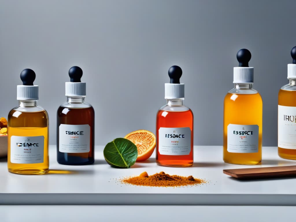  A closeup, ultradetailed image of various branded essence and extract bottles lined up neatly on a sleek, minimalist white countertop. Each bottle showcases intricate label designs with bold typography, vibrant colors, and unique shapes, emphasizing the diverse range of options available to elevate the flavor profiles of delectable desserts. The play of light and shadows accentuates the elegance and sophistication of the products, creating a visually captivating scene that embodies the essence of culinary creativity and quality. hyperrealistic, full body, detailed clothing, highly detailed, cinematic lighting, stunningly beautiful, intricate, sharp focus, f/1. 8, 85mm, (centered image composition), (professionally color graded), ((bright soft diffused light)), volumetric fog, trending on instagram, trending on tumblr, HDR 4K, 8K