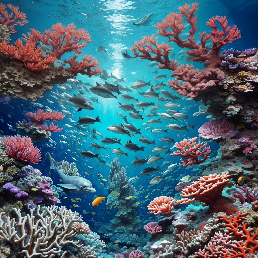  masterpiece, best quality, Most Beautiful in deep sea teeming with vibrant corals, diverse marine life, and enchanting underwater landscapes, full of corals, acrophore, small fishes, anemones, dolphin, various algaes, caves, colorful,all captured in stunning 8k resolution with intricate details. women