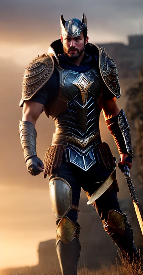 redshift style Gladiator hyperrealistic, full body, detailed clothing, highly detailed, cinematic lighting, stunningly beautiful, intricate, sharp focus, f/1. 8, 85mm, (centered image composition), (professionally color graded), ((bright soft diffused light)), volumetric fog, trending on instagram, trending on tumblr, HDR 4K, 8K