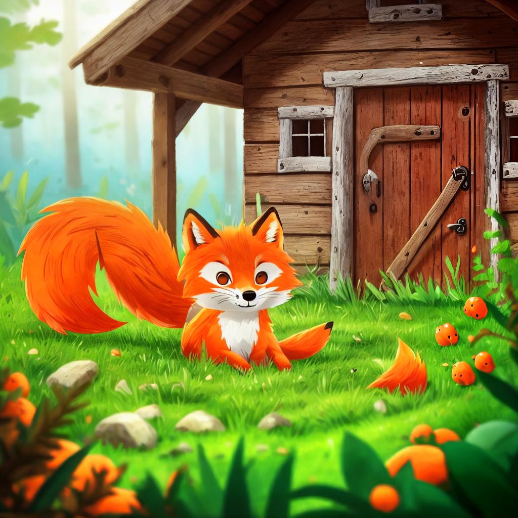  a Slender orange colored fox with white chest and bushy tail is inside the old rusty cabin