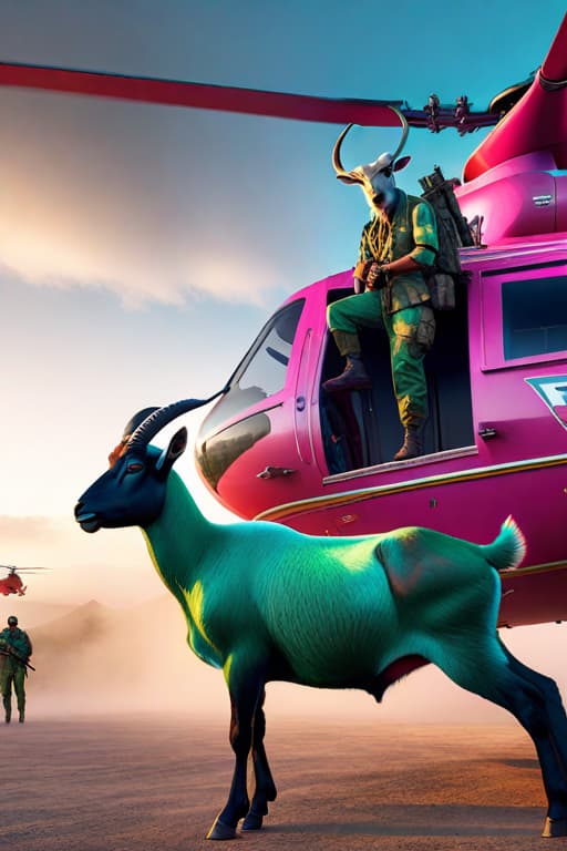  4k,realistic, high def big buff full body male goat with a gun, blue hair and blue beard, wearing sunglasses, Hawaiian shirt, flying a helicopter, bright colors hot pink and blue, and green ,hyper realistic, hyperrealistic, full body, detailed clothing, highly detailed, cinematic lighting, stunningly beautiful, intricate, sharp focus, f/1. 8, 85mm, (centered image composition), (professionally color graded), ((bright soft diffused light)), volumetric fog, trending on instagram, trending on tumblr, HDR 4K, 8K