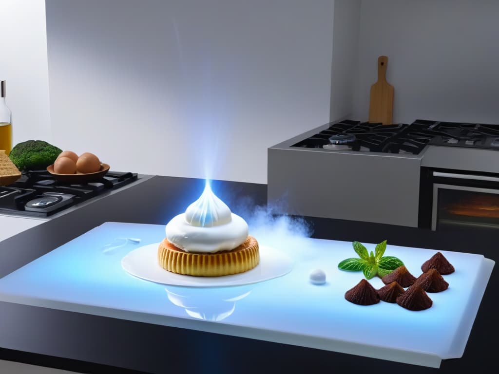  An ultradetailed 8k image of a sleek, modern kitchen with subtle hints of augmented reality technology seamlessly integrated into the cooking process. The scene features a spotless marble countertop with a holographic recipe hovering midair, while a pair of hands, partially translucent, deftly follow the instructions to craft an intricately designed pastry. The lighting is soft, casting gentle shadows that highlight the advanced tools and utensils specifically tailored for augmented realityassisted culinary creations. hyperrealistic, full body, detailed clothing, highly detailed, cinematic lighting, stunningly beautiful, intricate, sharp focus, f/1. 8, 85mm, (centered image composition), (professionally color graded), ((bright soft diffused light)), volumetric fog, trending on instagram, trending on tumblr, HDR 4K, 8K