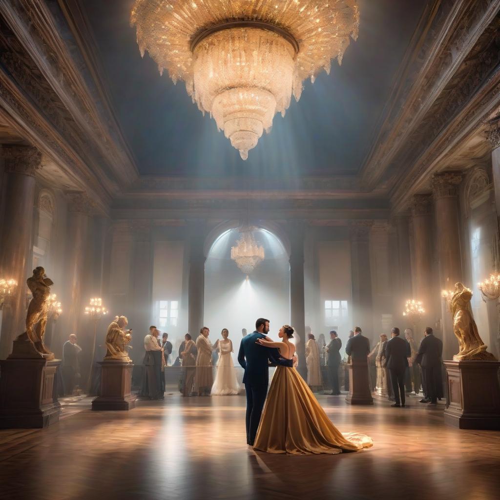  The magical night in the museum, statues come to life and dance In the ballroom, the paintings Out of the frame and holding each other's hands are smiling, hyperrealistic, full body, detailed clothing, highly detailed, cinematic lighting, stunningly beautiful, intricate, sharp focus, f/1. 8, 85mm, (centered image composition), (professionally color graded), ((bright soft diffused light)), volumetric fog, trending on instagram, trending on tumblr, HDR 4K, 8K