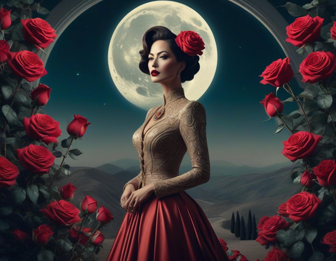  surrealist art An elaborate digital artwork of a woman in vintage attire with roses and a lunar backdrop. . dreamlike, mysterious, provocative, symbolic, intricate, detailed hyperrealistic, full body, detailed clothing, highly detailed, cinematic lighting, stunningly beautiful, intricate, sharp focus, f/1. 8, 85mm, (centered image composition), (professionally color graded), ((bright soft diffused light)), volumetric fog, trending on instagram, trending on tumblr, HDR 4K, 8K