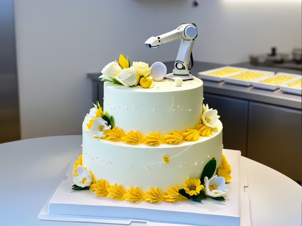  A photorealistic image of a sleek and modern robotic arm meticulously piping intricate designs on a multitiered wedding cake. The robot's metallic surface reflects the soft glow of the kitchen lights as it works with precision and grace, surrounded by a variety of dessert ingredients and tools neatly arranged on the countertop. The cake is elegantly decorated with delicate sugar flowers and elaborate patterns, showcasing the seamless combination of technology and artistry in the realm of pastry making. hyperrealistic, full body, detailed clothing, highly detailed, cinematic lighting, stunningly beautiful, intricate, sharp focus, f/1. 8, 85mm, (centered image composition), (professionally color graded), ((bright soft diffused light)), volumetric fog, trending on instagram, trending on tumblr, HDR 4K, 8K