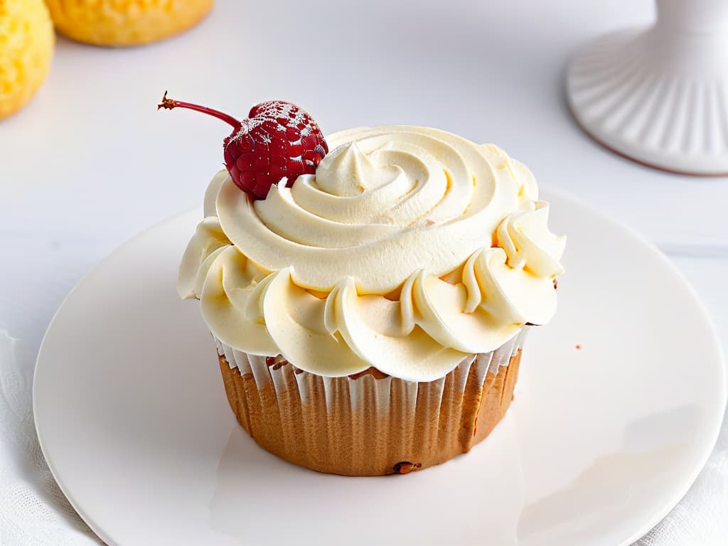  A closeup, ultradetailed image of a delicate sugarfree cupcake topped with a swirl of creamy frosting, adorned with a single fresh raspberry on a sleek, modern white plate. The cupcake is beautifully crafted, showcasing intricate details of the texture of the sponge and the glossy sheen of the frosting, emphasizing the artistry and appeal of sugar substitutes in diabeticfriendly baking. The image exudes elegance and sophistication, enticing readers with its simplicity and refined presentation, perfectly complementing the informative yet inspiring tone of the article on diabetic baking alternatives. hyperrealistic, full body, detailed clothing, highly detailed, cinematic lighting, stunningly beautiful, intricate, sharp focus, f/1. 8, 85mm, (centered image composition), (professionally color graded), ((bright soft diffused light)), volumetric fog, trending on instagram, trending on tumblr, HDR 4K, 8K