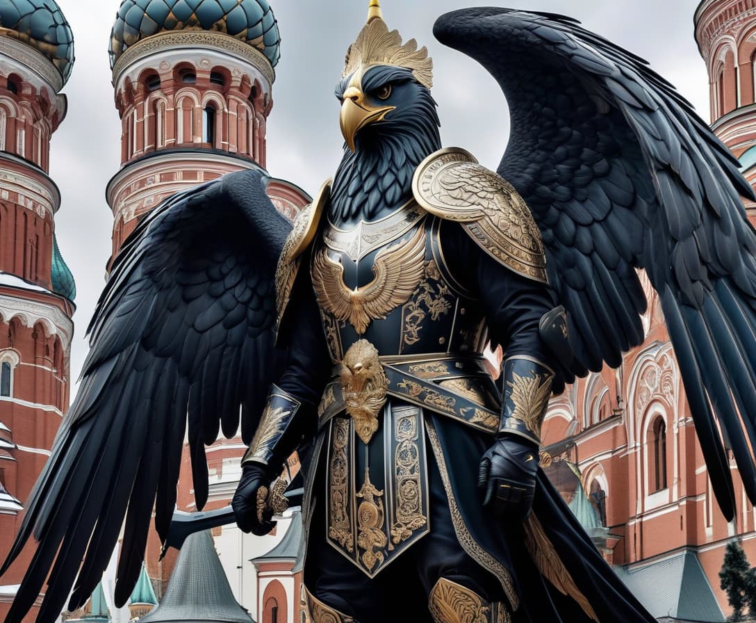  Art. (Terrible black living griffins in battle helmets protect the peace of Russian citizens at the buildings of the Kremlin: 1.5). Medieval bestiary, winged mythological creatures with the head of an eagle and the body of a lion with silvery powerful wings. The image is inspired by Byzantine art, grace, clear lines, mythological creature in the modern world. Russian flag, patriotic, high detail. Surrealism, fantasy. hyperrealistic, full body, detailed clothing, highly detailed, cinematic lighting, stunningly beautiful, intricate, sharp focus, f/1. 8, 85mm, (centered image composition), (professionally color graded), ((bright soft diffused light)), volumetric fog, trending on instagram, trending on tumblr, HDR 4K, 8K