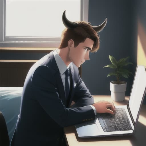  charming cow working hard on a laptop, wearing a suit, in a bedroom with a window with sunlight