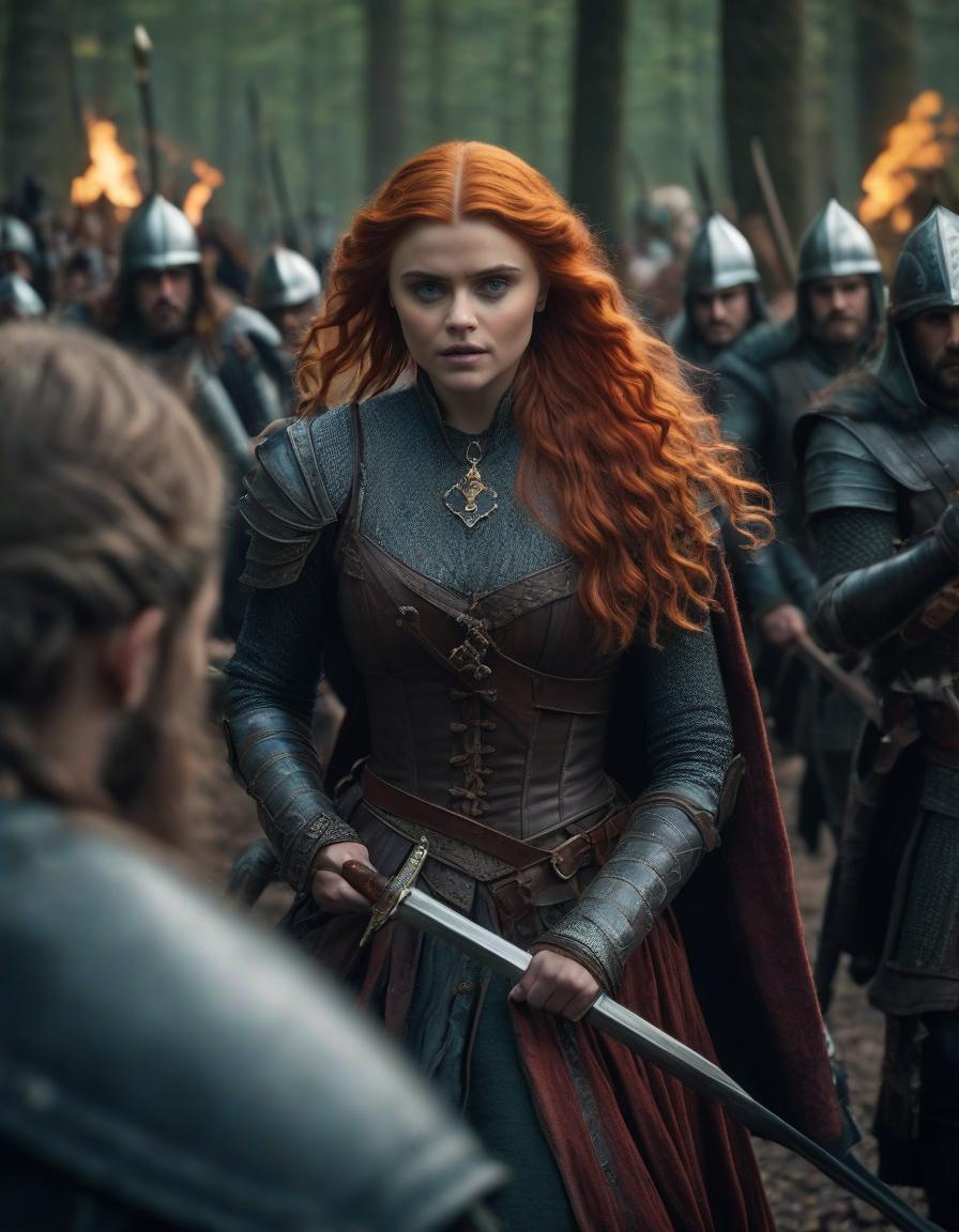  cinematic film still The Tudor era, a tragic frame from the film, the most detailed image, emphasis on faces, Chloe Grace Moretz with light red long curly hair, dressed as Triss Merrigold from the game The Witcher 3 in anger leads an attack of armed warrior knights, maximum detail, small details, especially carefully drawn faces and emotions, the strictest matching the request, historical costumes are reproduced as accurately as possible, weak dramatic lighting, mud, heavy rain, dark dense gloomy forest around, . shallow depth of field, vignette, highly detailed, high budget, bokeh, cinemascope, moody, epic, gorgeous, film grain, grainy hyperrealistic, full body, detailed clothing, highly detailed, cinematic lighting, stunningly beautiful, intricate, sharp focus, f/1. 8, 85mm, (centered image composition), (professionally color graded), ((bright soft diffused light)), volumetric fog, trending on instagram, trending on tumblr, HDR 4K, 8K