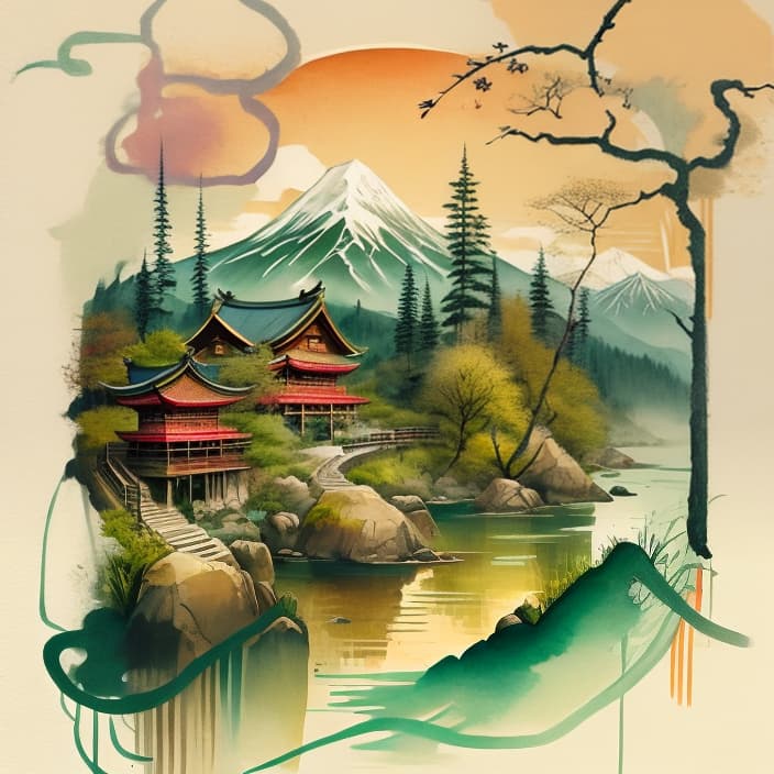  Chinese style landscape painting,mountains, rivers, clouds