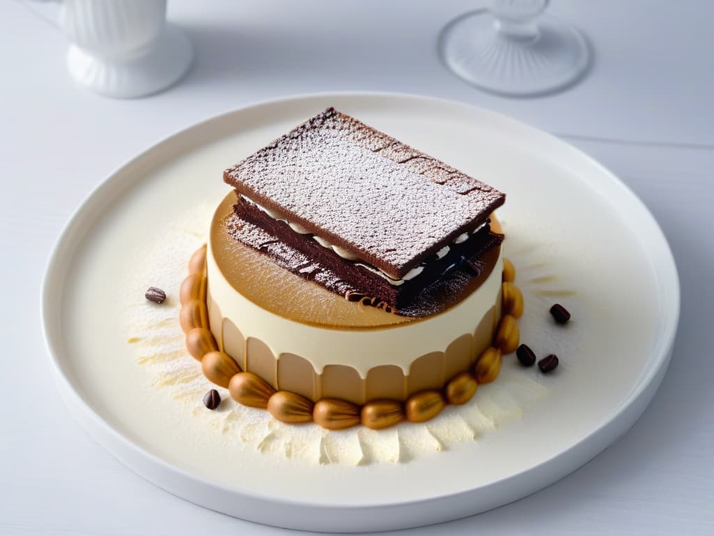  An ultradetailed image of a modern, minimalistic dessert plating featuring a deconstructed tiramisu with layers of espressosoaked ladyfingers, velvety mascarpone cream, and delicate cocoa dusting, elegantly presented on a sleek, white porcelain plate. The dish is garnished with a single coffee bean balanced on top, surrounded by wisps of edible gold leaf for a touch of luxury. The lighting is soft and focused, highlighting the intricate textures and layers of this reinvented classic dessert, exuding sophistication and creativity. hyperrealistic, full body, detailed clothing, highly detailed, cinematic lighting, stunningly beautiful, intricate, sharp focus, f/1. 8, 85mm, (centered image composition), (professionally color graded), ((bright soft diffused light)), volumetric fog, trending on instagram, trending on tumblr, HDR 4K, 8K